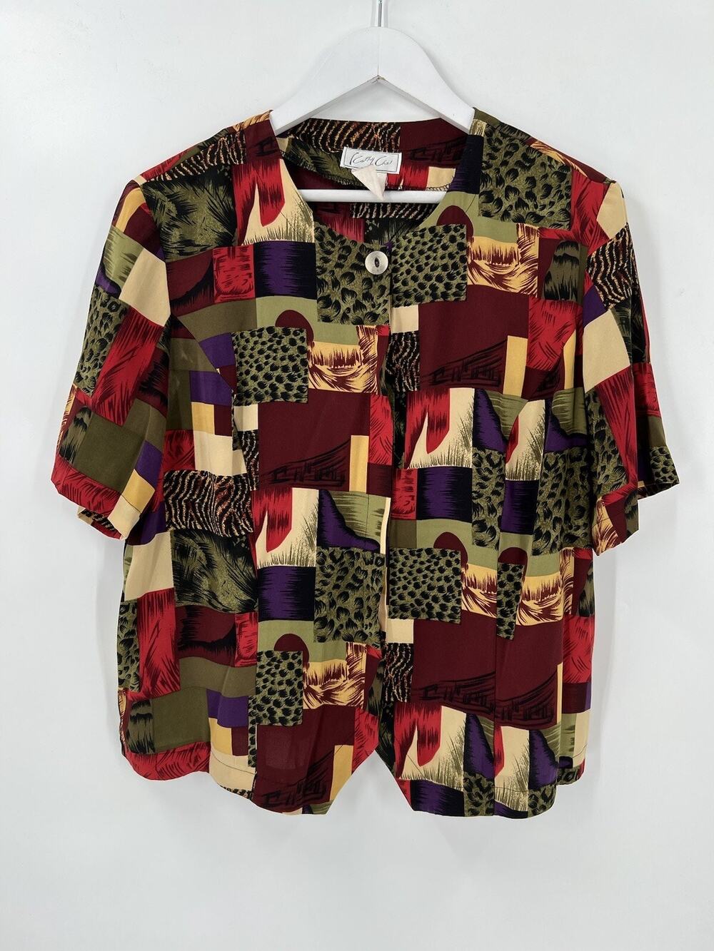 Kathy Che Vintage Blouse Womens Large Multicolor Button Up Animal Print Abstract